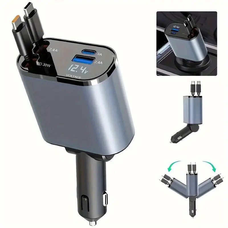 Cargador Retráctil 4 en 1 para Auto - ¡Carga Ultra Rápida y Organiza de forma fácil!