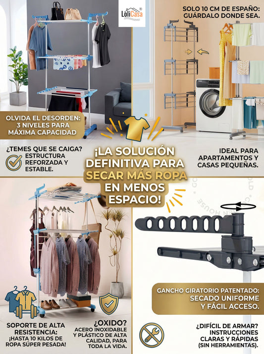Tendedero Multifuncional 3 Niveles Seca toda tu ropa sin desordenar tu casa, incluso en espacios pequeños